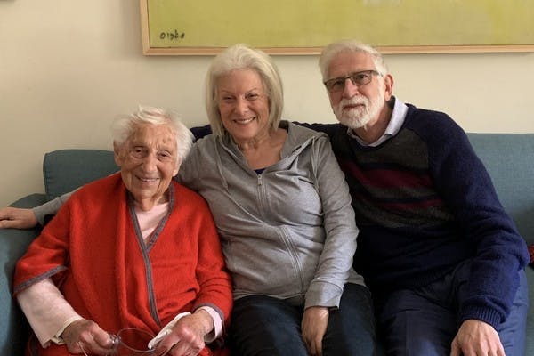 Alice Shalvi at home in Jerusalem with Colin and Jean Shindler, March 2022 (courtesy)