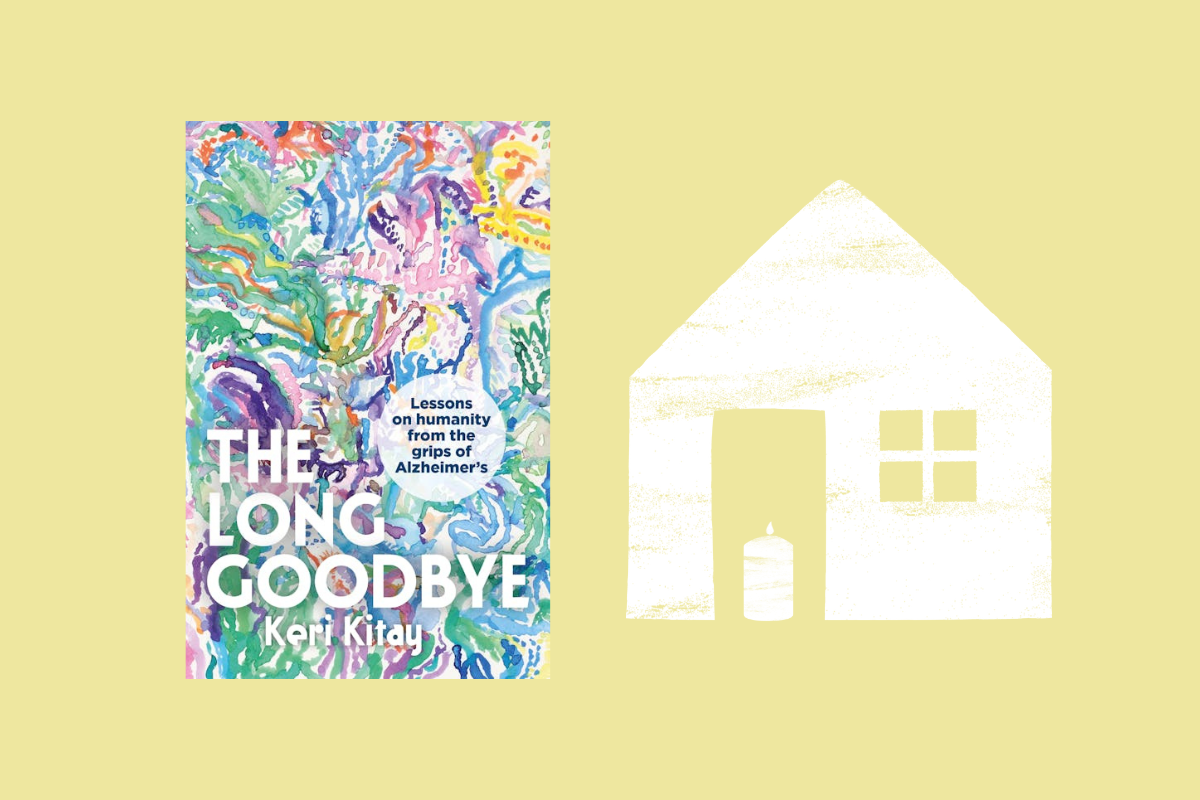 Copy of Keri Kitay's Book The Long Goodbye next to an illustration of a home with a lit candle inside