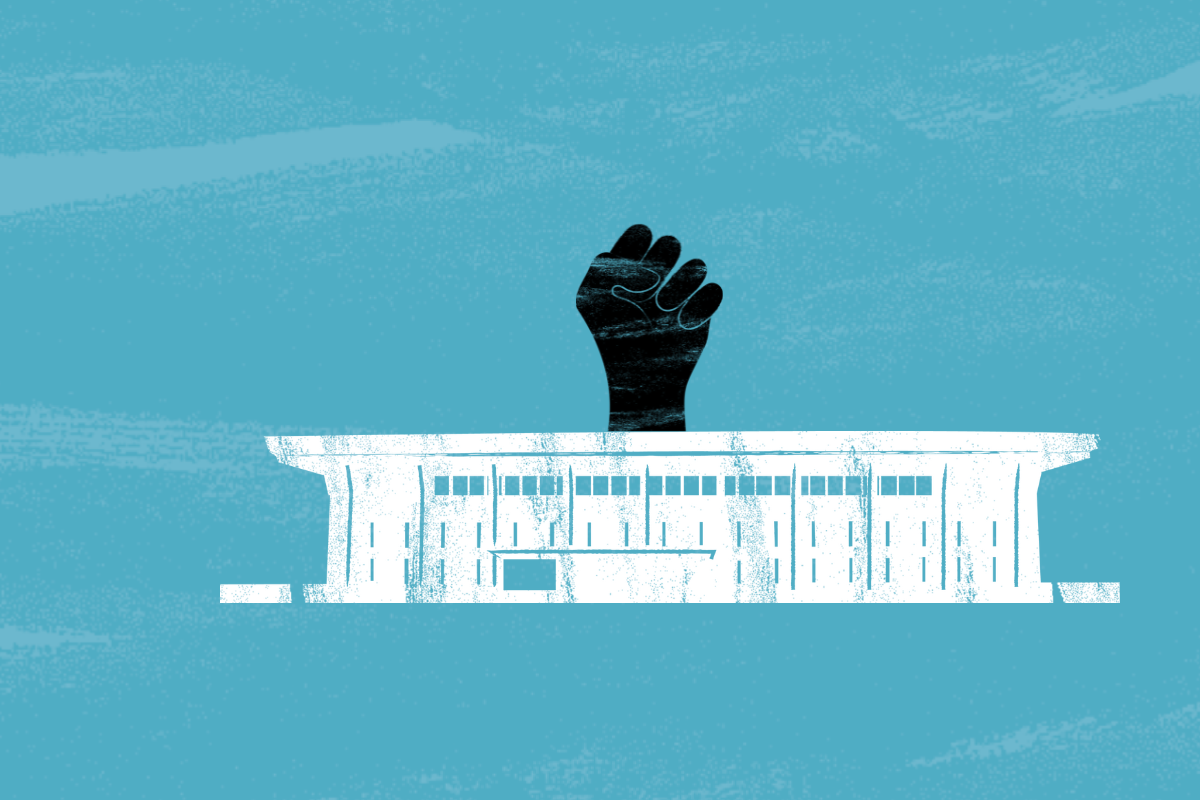 fist coming out of illustration of Israel's parliament