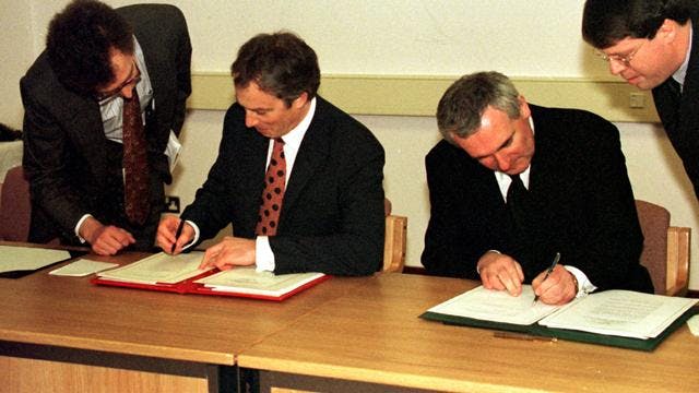 Ulster PM Blair/Ahern sign