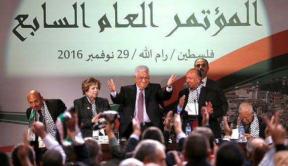 Palestinian President Mahmoud Abbas gestures during Fatah congress in the West Bank city of Ramallah